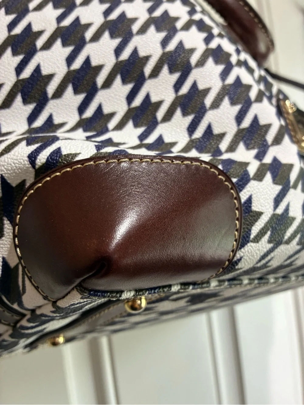 Dooney & Bourke Black and White Houndstooth Duffel with Brown Trim